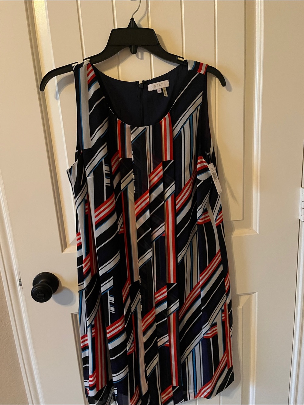 1. State Navy Striped Sleeveless Shift Dress with Red & White Accents